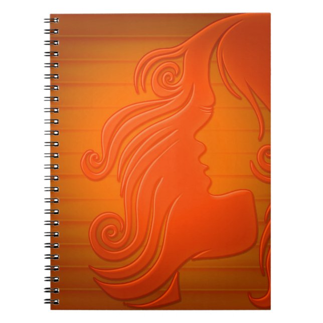 Caderno Espiral Mulher Dourada Laranja Personalizada Rodeada Cabel (Frente)