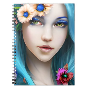 Caderno Espiral Mulher etérea com flores em seu cabelo azul
