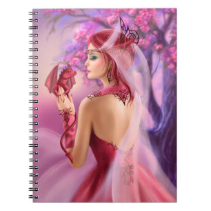 Caderno Espiral Mulher fantástica rainha e dragão vermelho