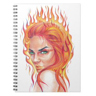 Caderno Espiral Mulher-Fogo Fantasia Surreal Arte de desenho