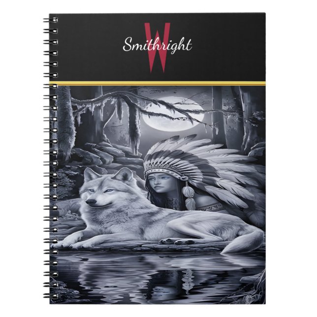 Caderno Espiral Mulher índia serena com lobo na beira da água (Frente)