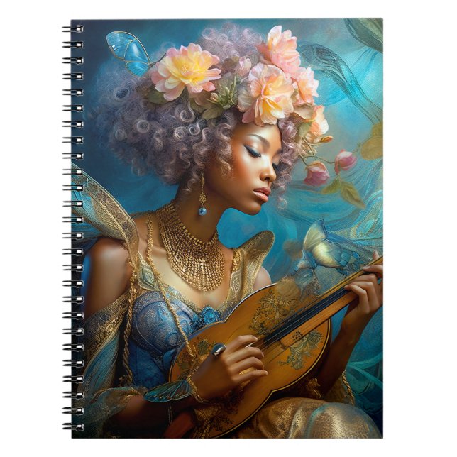 Caderno Espiral Mulher Jogando Lute African American Fantasy Art (Frente)