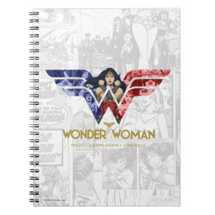 Caderno Espiral Mulher Maravilha atravessando armas na colagem de 