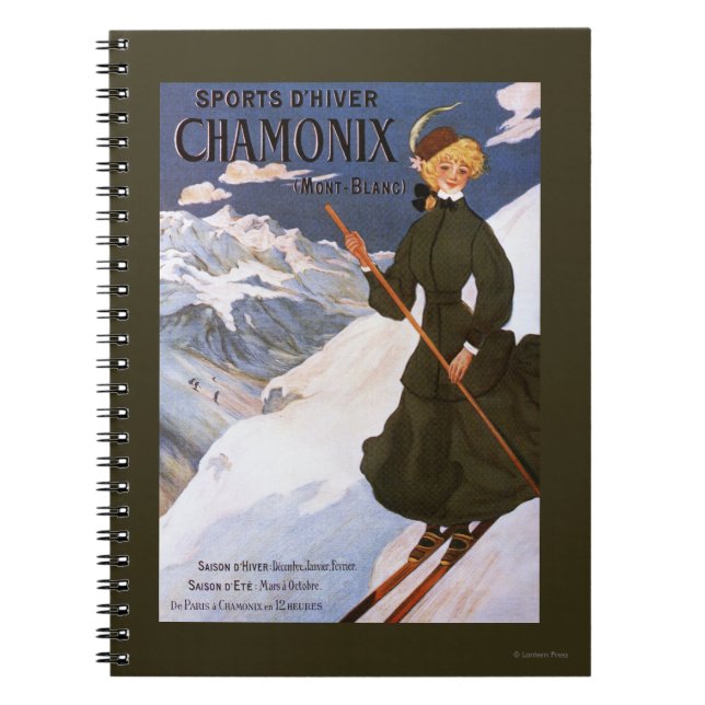 Caderno Espiral Mulher na Poster de Esqui Verde (Frente)