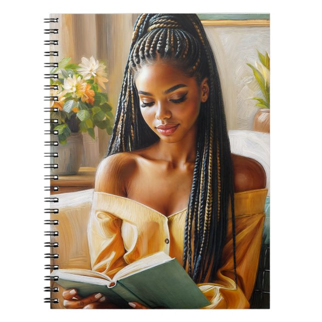 Caderno Espiral Mulher Negra Com Braids Lendo Notebook De Arte (Frente)