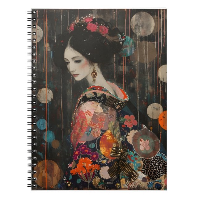Caderno Espiral Mulher Pensiva no notebook Kimono (Frente)