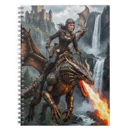 Caderno Espiral Mulher Steampunk domando Dragão que respira Fogo