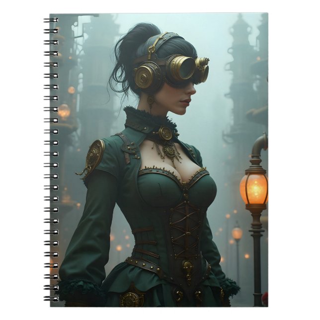 Caderno Espiral Mulher Steampunk vitoriana em verde (Frente)