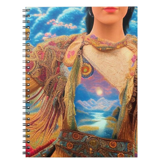 Caderno Espiral Mulher xamã, céus, bela arte. (Frente)