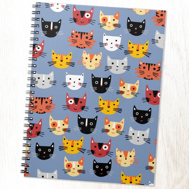 Caderno Espiral Múltiplos Gatos de Gatinho Azul Padrão (Fun cute kitty cat pattern notebook)