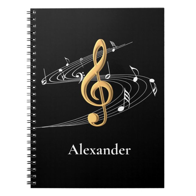 Caderno Espiral Música Elegante Dourada Clef Personalizado Preto (Frente)