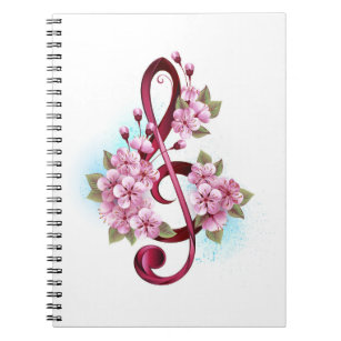 Caderno Espiral Musical treble clef notes with Sakura flowers