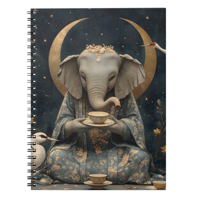 Caderno Espiral Mystical Elephant Tea Party Sob Lua Crescente (Frente)