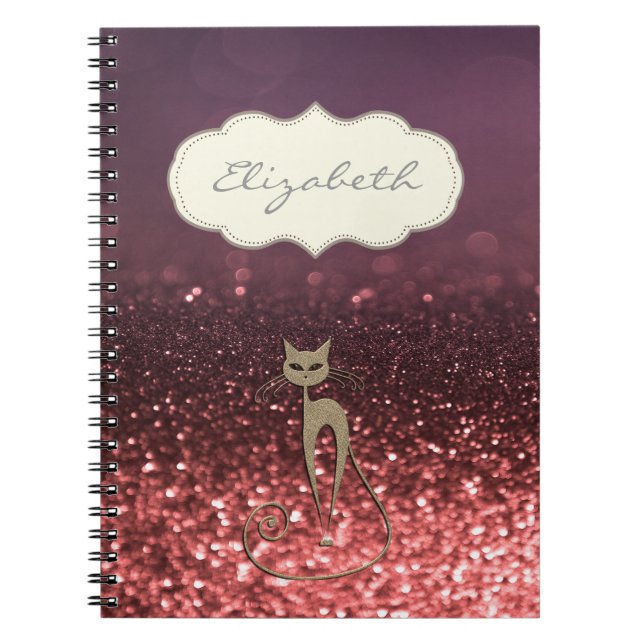 Caderno Espiral Na moda Elegante, Glittery Bokeh, Cat (Frente)