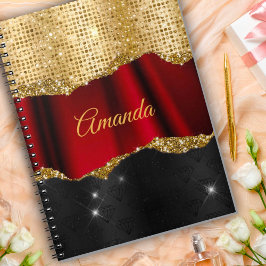 Caderno Espiral Na moda faux Glitter Red Dourado Monograma