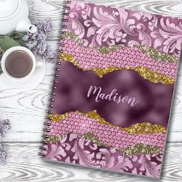 Caderno Espiral Na moda floral monograma cor-de-rosa púrpura