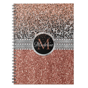 Caderno Espiral Na moda Girly Rosa Dourado Glitter Leopard Monogra