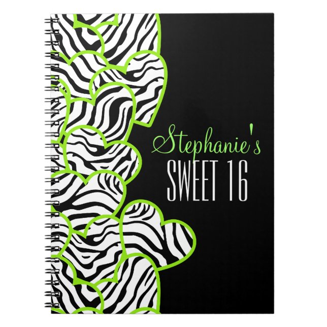 Caderno Espiral Na moda Green Sweet 16 Zebra Heart Design (Frente)