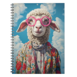 Caderno Espiral Na moda Ovino Óculos Rosa Ataque Floral Céu Azul