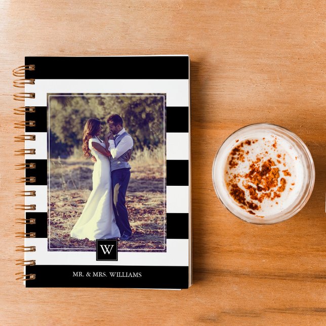 Caderno Espiral Na moda preto e branco Monograma das tiras (Criador carregado)