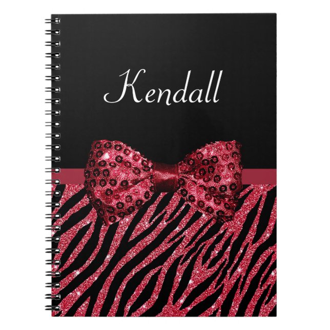 Caderno Espiral Na moda Red Zebra Imprima FAUX Glitz Arco Com Nome (Frente)