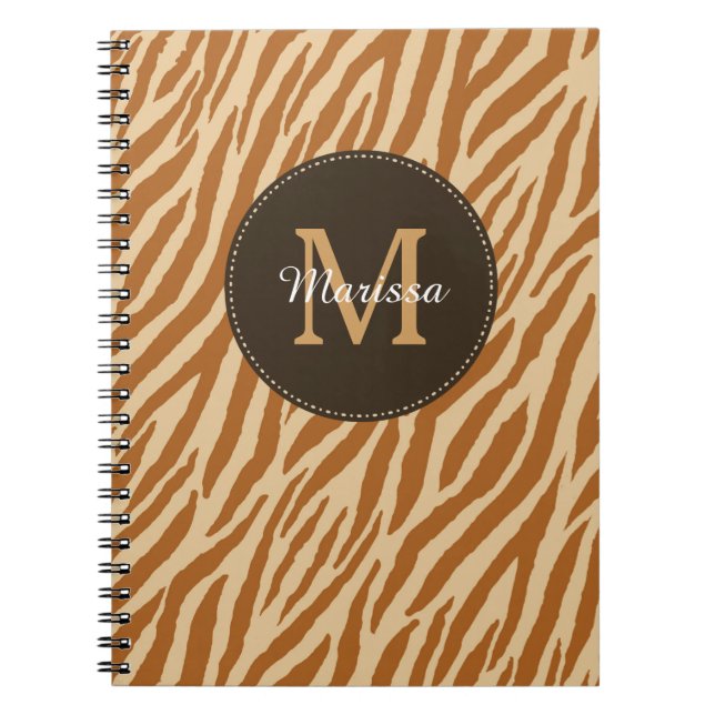 Caderno Espiral Na moda Tawny Brown Zebra Print Monograma e Nome (Frente)