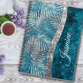 Caderno Espiral Na moda turquesa prateada deixa monograma