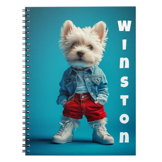 Caderno Espiral Na moda Westie Pup em Denim e Sneakers (Frente)