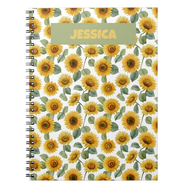 Caderno Espiral Name Watercolor Sunflower Floral Pattern Custom (Frente)