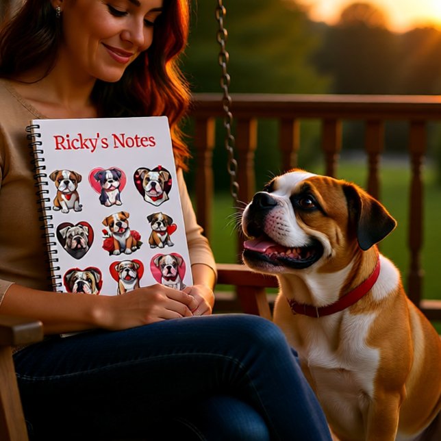 Caderno Espiral Namorados Bulldog personalizado (Valentine Bulldog Love Personalized Cute Dog Notebook)