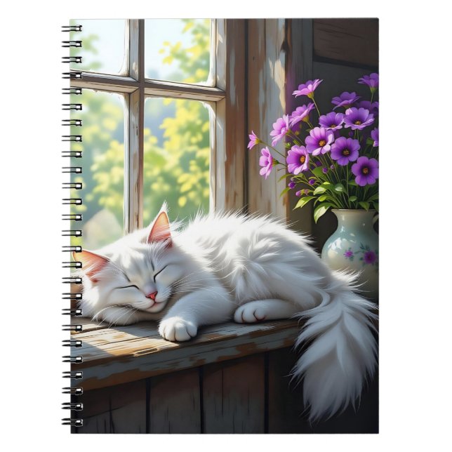 Caderno Espiral Napping White Cat and Purple Flowers  (Frente)