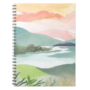 Caderno Espiral Nascer do Sol na Manhã do Lago Aquarela Natureza