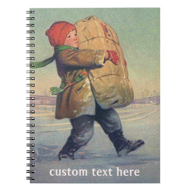 Caderno Espiral Natais vintages, Criança com Pacote Grande (Frente)