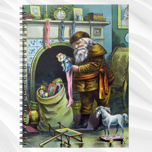 Caderno Espiral Natais vintages, Papai Noel armazena brinquedos