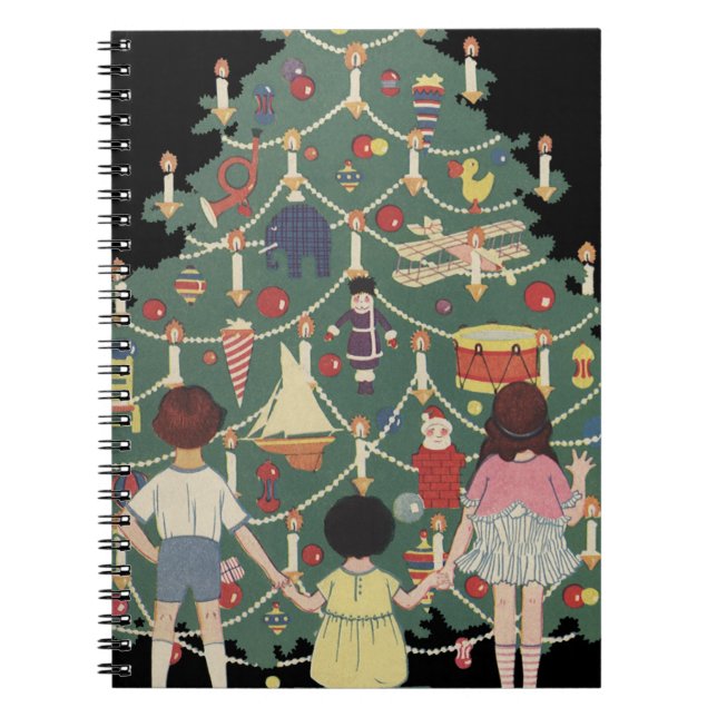 Caderno Espiral Natal Antigo Crianças ao Redor de uma Árvore Decor (Frente)