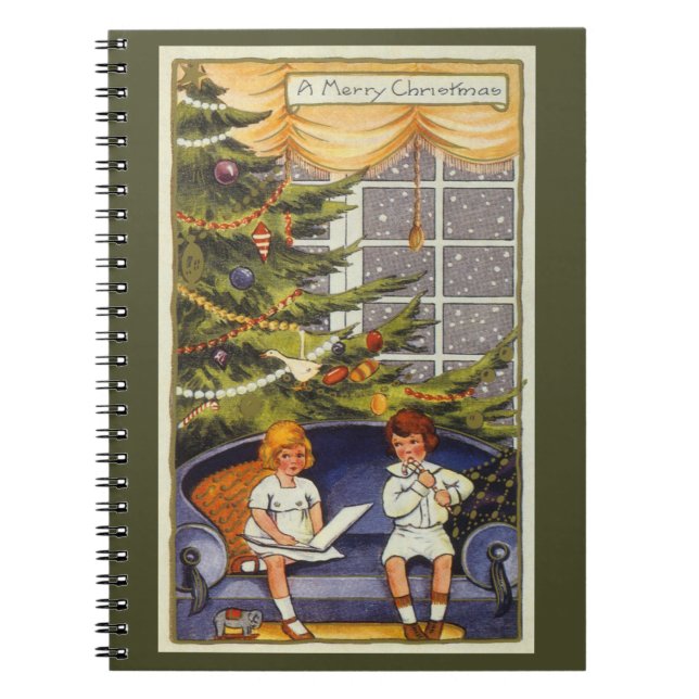 Caderno Espiral Natal Antigo, Crianças Sentadas num Sofá (Frente)