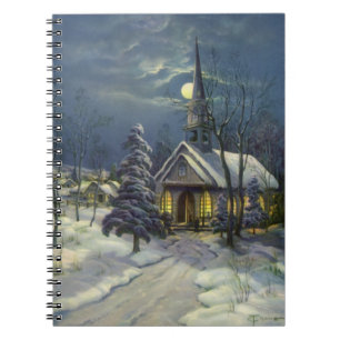 Caderno Espiral Natal Antigo, Igreja de Inverno na Neve com Lua