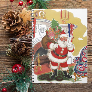 Caderno Espiral Natal Antigo, Papai Noel Alegre com Presentes