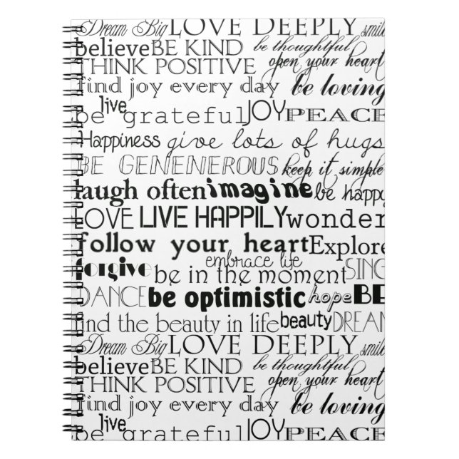 Caderno Espiral Natal das Palavras Inspiracionais Pretas e Brancas (Frente)