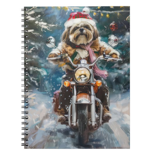 Caderno Espiral Natal de Motocicleta de Lhasa Apso (Frente)