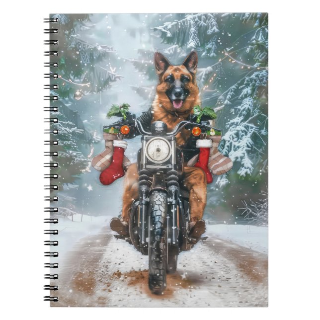 Caderno Espiral Natal de Motocicleta german shepherd (Frente)