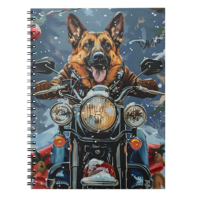 Caderno Espiral Natal de Motocicleta german shepherd (Frente)