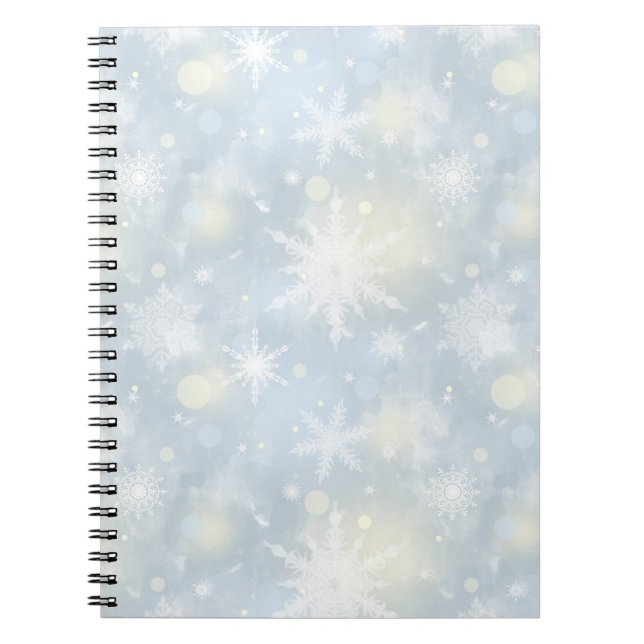 Caderno Espiral natal,design,branco,flocos de neve,luz,cinza,azul, (Frente)