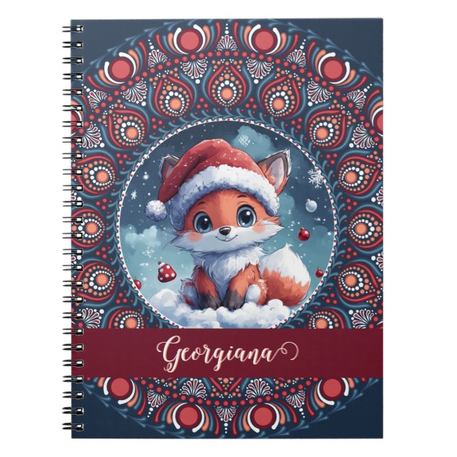 Caderno Espiral Natal Personalizado Kawaii Fox Dot Mandala (Frente)