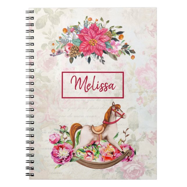 Caderno Espiral Natal Vitoriano do Cavalo Rocking e Poinsettia (Frente)