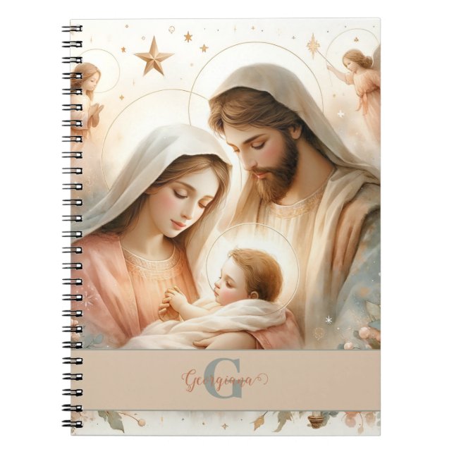 Caderno Espiral Natividade Bebê Jesus Cristo Floral Personalizado (Frente)