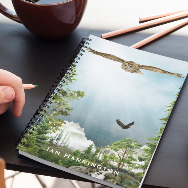 Caderno Espiral Nature Lover Owl Monograma Nome Montanha Paisagem (Criador carregado)