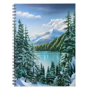 Caderno Espiral Nature Winter Sky Mountain Lake Pine Trees