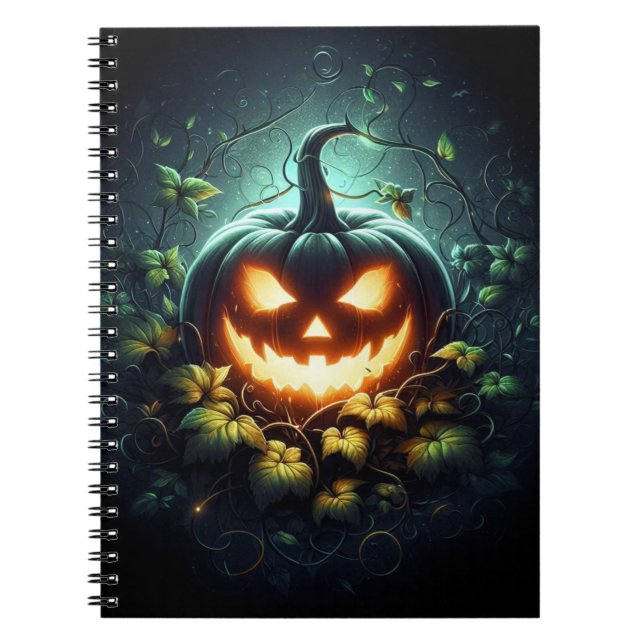 Caderno Espiral Natureza assustadora brilhando Abóbora-das-Hallowe (Frente)