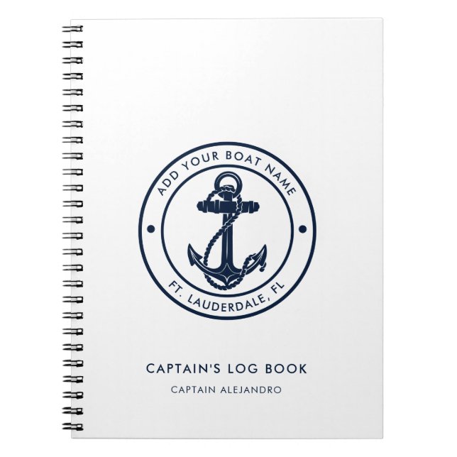Caderno Espiral Nautical Boat Name Navy Blue Anchor Captain's Log (Frente)